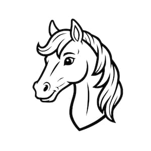 May include: A black and white illustration of a horse's head, facing left. The horse has a flowing mane and a detailed outline, with a friendly expression. The image is a simple, clean design, suitable for various applications.
