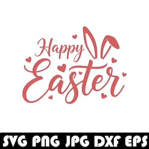 Könnte beinhalten: Korallfarbene Grafik mit den Worten "Happy Easter" in Schreibschrift, begleitet von Herzformen und Hasenohren. Das Bild ist vor einem weißen Hintergrund, mit Dateitypoptionen unten.