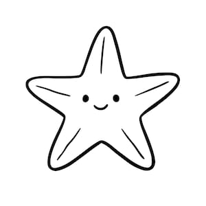 Puede incluir: Una estrella de mar de dibujos animados en blanco y negro con una cara sonriente. La estrella de mar tiene cinco puntas, cada una delineada en negro, con una expresión simple y alegre. La imagen es un diseño limpio y minimalista.