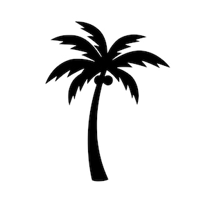May include: A black silhouette of a palm tree against a white background. The tree features a curved trunk, a cluster of coconuts, and multiple fronds. This image is suitable for tropical or beach-themed designs.