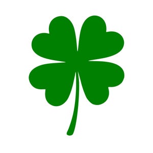 May include: A vibrant green four-leaf clover illustration on a white background. The clover's four heart-shaped leaves are a symbol of good luck, often associated with St. Patrick's Day celebrations.