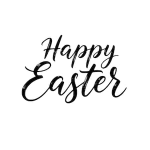 May include: Black cursive text on a white background reads "Happy Easter." The lettering is elegant and flowing, with a slightly textured appearance, suggesting a brushstroke style. The design is simple and festive.