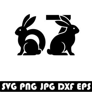 Puede incluir: Gráfico de silueta negra de dos conejos que forman el número 67. El conejo de la izquierda forma el 6, y el conejo de la derecha forma el 7. Debajo de la imagen está el texto: SVG PNG JPG DXF EPS.