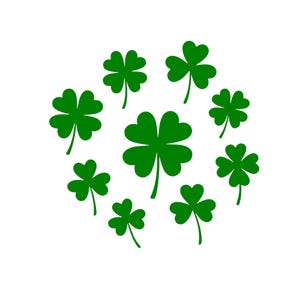 May include: A collection of green shamrock and four-leaf clover illustrations on a white background. The clovers are in various sizes and orientations, perfect for St. Patrick's Day or Irish-themed designs.