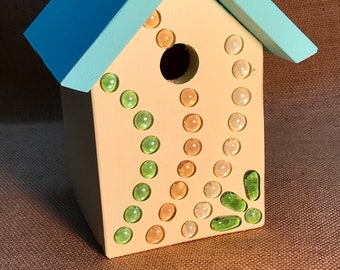 Aqua and light yellow birdhouse with glass accents by Sniffwhiskers