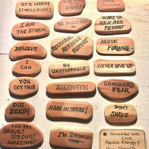Inspirational cedar pocket tokens hand made, hand lettered by Grandpa Sniffwhiskers