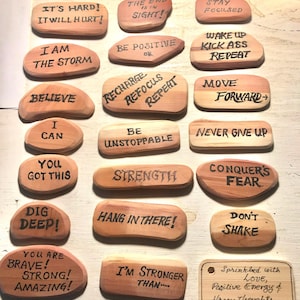 Inspirational cedar pocket tokens hand made, hand lettered by Grandpa Sniffwhiskers