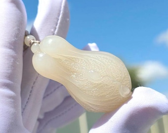 Certified Natural Lotus Pink Nephrite Jade Hand-Carved Chinese Cabbage Pendant, 天然浓熟藕粉软玉手工白菜吊坠