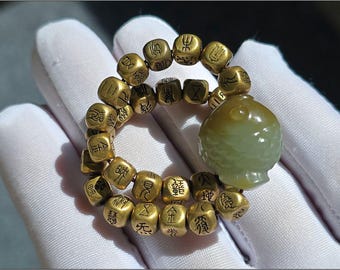 Natural Blue and Sugar Nephrite Jade Fish & Solid Brass Golden Light Mantra Bracelet.