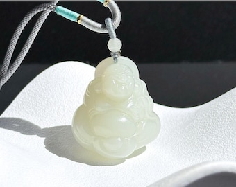 Certified Natural White Nephrite Jade Carved Maitreya Buddha Pendant, 天然白玉佛公吊坠