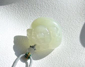 Certified Natural White Nephrite Jade Pig Pendant – Hand Carved Fine Nephrite Jade Fortune Pig, 天然白玉带翠手工雕刻福猪吊坠