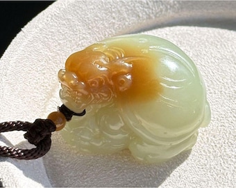 Certified Natural Sugar-White Nephrite Jade Hand Carved Dragon Turtle Pendant, 天然糖白玉手工雕刻龙龟吊坠