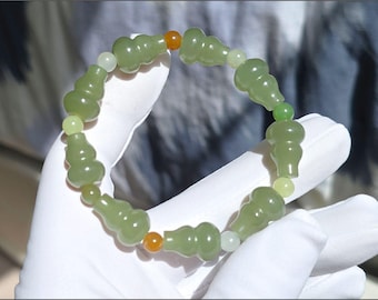 Certified Natural Lake Green Nephrite Jade Gourd Bead Bracelet | Natural Jade Hulu bracelet | 天然湖水绿软玉葫芦手串