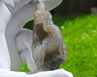 Certified Natural Smoky Gray Nephrite Jade Hand-Carved Peacock Pendant | natural Jade Peacock Amulet | 天然烟紫色玉手工雕刻孔雀吊坠