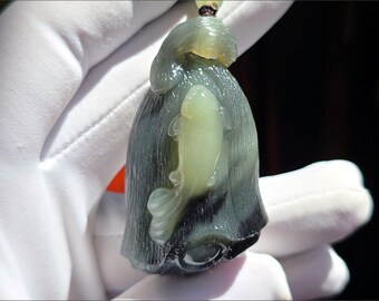 Certified Natural Tri-Tone  Nephrite Jade Hand-Carved Carp & Lotus Pod Pendant | Natural Jade Fish Amulet | 天然三色玉手工雕刻鲤鱼莲蓬吊坠