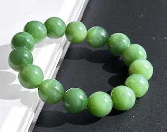 13mm, Certified Natural Cat Eye Green Nephrite Jade Bead Bracelet, 天然粉绿猫眼碧玉手串
