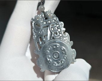 Certified Natural Rare Find Black and white  Nephrite Jade Hand-Carved Archaic Dragon & Bi-Disc Pendant｜天然青花玉·手工雕刻仿古龙纹玉璧吊坠