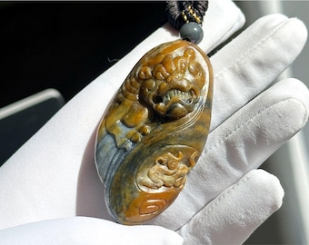 Certified Natural Qinghua River Nephrite Jade Hand Carved Pixiu, 天然无优化黄沁青花籽软玉手雕貔貅