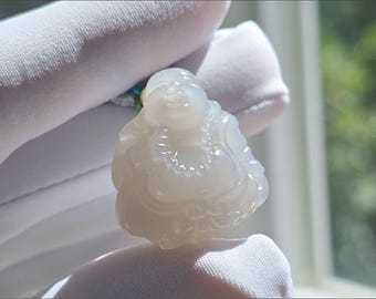 Certified Natural Icy Smoky Gray Nephrite Jade Hand-Carved Laughing Buddha Pendant, Natural Jade Buddha Amulet，天然冰烟紫玉手工雕刻弥勒佛吊坠