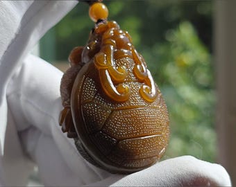 Certified Natural Sugar-Brown Whith Full Body Nephrite Jade Hand-Carved Dragon Turtle Pendant / 天然老红糖满色玉手工雕刻龙龟吊坠