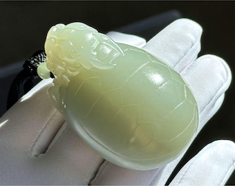 90.22 grams, Big Certified Natural Ultra-Fine Blue Nephrite Jade Hand-Carved Dragon Turtle Pendant, 天然极细蓝玉手工雕刻龙龟大吊坠小手把