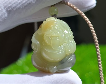 Certified Natural Yellowish with Sugar-Brown And Ink Gray Nephrite Jade Hand-Carved God of Wealth Pendant | | 天然黄玉·糖色·青花 手工雕刻财神吊坠