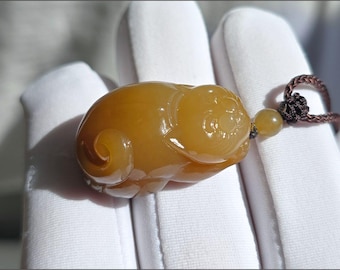 Certified Hand Carved Natural High-Quality Sugar Nephrite Jade Cat Pendant, 天然无优化精品糖玉手工雕刻小猫吊坠