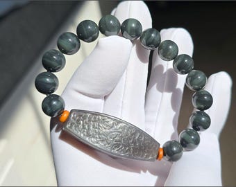 10mm, Certified High Quality Qinghua Nephrite Jade Beads with Deep Smoky Purple Nephrite Jade barrel bead Bracelet, 天然青花配浓烟紫勒子软玉手串