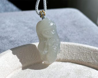 Certified Natural Icy Smoky Gray Nephrite Jade Mermaid Pendant, Gray Nephrite Pendant, 天然冰烟灰软玉雕刻美人鱼吊坠