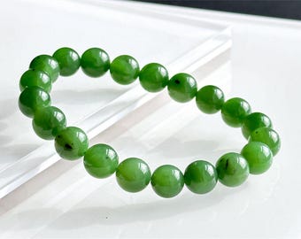 10mm, Certified Natural Bright Green Nephrite Jade Bead Bracelet, 天然碧玉手串