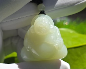 Certified Natural  High Grade White Nephrite Jade Hand-Carved Maitreya Pendant, Natural Jade Laughing Buddha Amulet, 天然高质量白玉手工雕刻弥勒佛吊坠