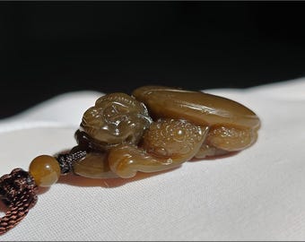 Certified Natural Brown Sugar Nephrite Jade Hand-Carved Dragon Turtle with Ancient Coin Pendant｜天然老红糖玉·手工雕刻龙龟抱古钱吊坠