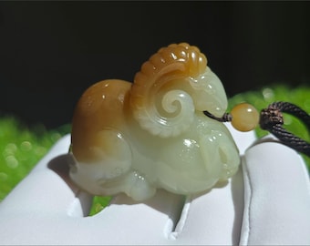 Certified Natural Yellow and Sugar Nephrite Jade Hand Carved Ram Pendant, Sugar Brown Nephrite Sheep Pendant, 天然黄玉带糖手工雕刻盘羊吊坠