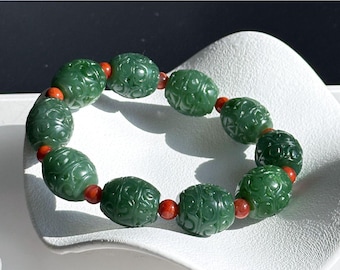 15mm, Certified Natural Spinach Green Nephrite Jade Bead Bracelet, 天然菠菜绿碧玉桶珠手串