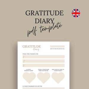 Könnte beinhalten: Eine digitale PDF-Vorlage für ein Dankbarkeitstagebuch. Das Design zeigt die Wörter "GRATITUDE DIARY" in einer stilvollen Schriftart, darunter die Wörter "pdf template". Das Tagebuch enthält Aufforderungen für tägliche Reflexionen.