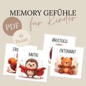 Könnte beinhalten: Ein digitales PDF-Memory-Spiel für Kinder. Die Karten zeigen Illustrationen eines Eichhörnchens, eines Igels und eines Bären, die jeweils eine andere Emotion darstellen. Der Text auf den Karten enthält Wörter wie "mutig" und "entspannt". Das Spiel enthält 45 Paare.
