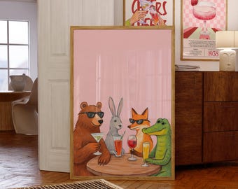 Animals Drinking Cocktails Art Print, Bear Fox Rabbit Alligator Poster, Bar Cart Decor