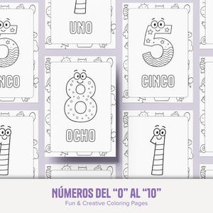 May include: Black and white coloring pages featuring numbers 1, 5, and 8 with cartoon faces. The word "CINCO" is below the number 5, and "OCHO" is below the number 8. The text "NÚMEROS DEL "0" AL "10"" is at the bottom.