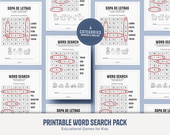 Printable Word Search Pack | 8 Bilingual Worksheets (English & Spanish) | Educational Games for Kids