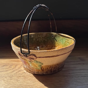 Vintage Hanging Stoneware Bowl with Wire Handle, Rustic Floral Pottery Planter