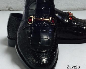 Herren handgefertigte schwarze Krokoleder Loafers | Handgefertigte Slip-On Schuhe mit Pferdegebiss