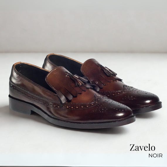 Men’s Handmade Calf Leather Tassel Loafers – Classic Dark Brown Slip-On Leather Shoes, Handcrafted & Durable