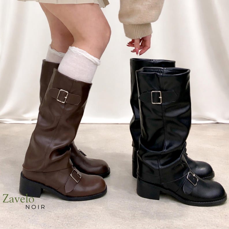 Women's Gothic Knee High Platform Leather Boots Chunky Heel Punk Boots ...