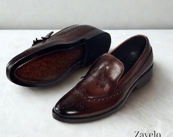 Handgefertigte braune Kalbsleder Quaste Loafers: Herren Wingtip Brogue Abendschuhe