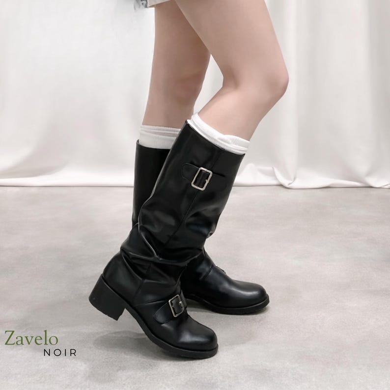 Women's Gothic Knee High Platform Leather Boots Chunky Heel Punk Boots ...
