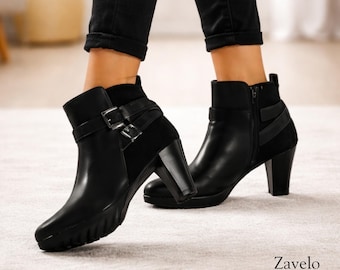 Women's Black Pointed Toe Ankle Boots Chunky Heel Zipper