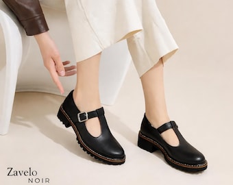 Women’s T-Strap Mary Jane Shoes – Black Leather Flats Vintage Oxford Style