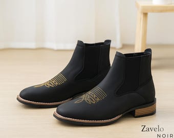 Men’s Leather Western COWBOY Boots, Square Toe Chelsea Ankle Boots, Handmade Rodeo Booties