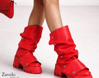 Botas de plataforma holgadas de cuero con pliegues y tacón punk de media pantorrilla