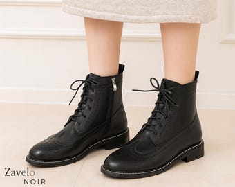 Women Black Leather Brogue Boots Lace Up Ankle Boots Military style Combat Booties